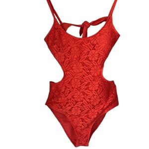 Aerie swimsuit orange knit crochet Lace Swim one piece cut out back xl